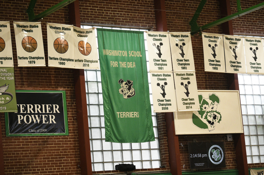 Banners hang in the gymnasium at the Washington School for the Deaf