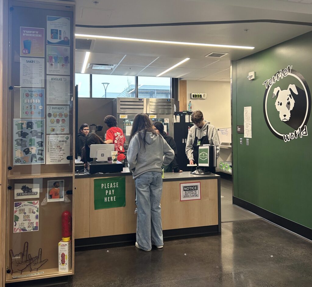 Students waiting in line to order from Terrier World Store